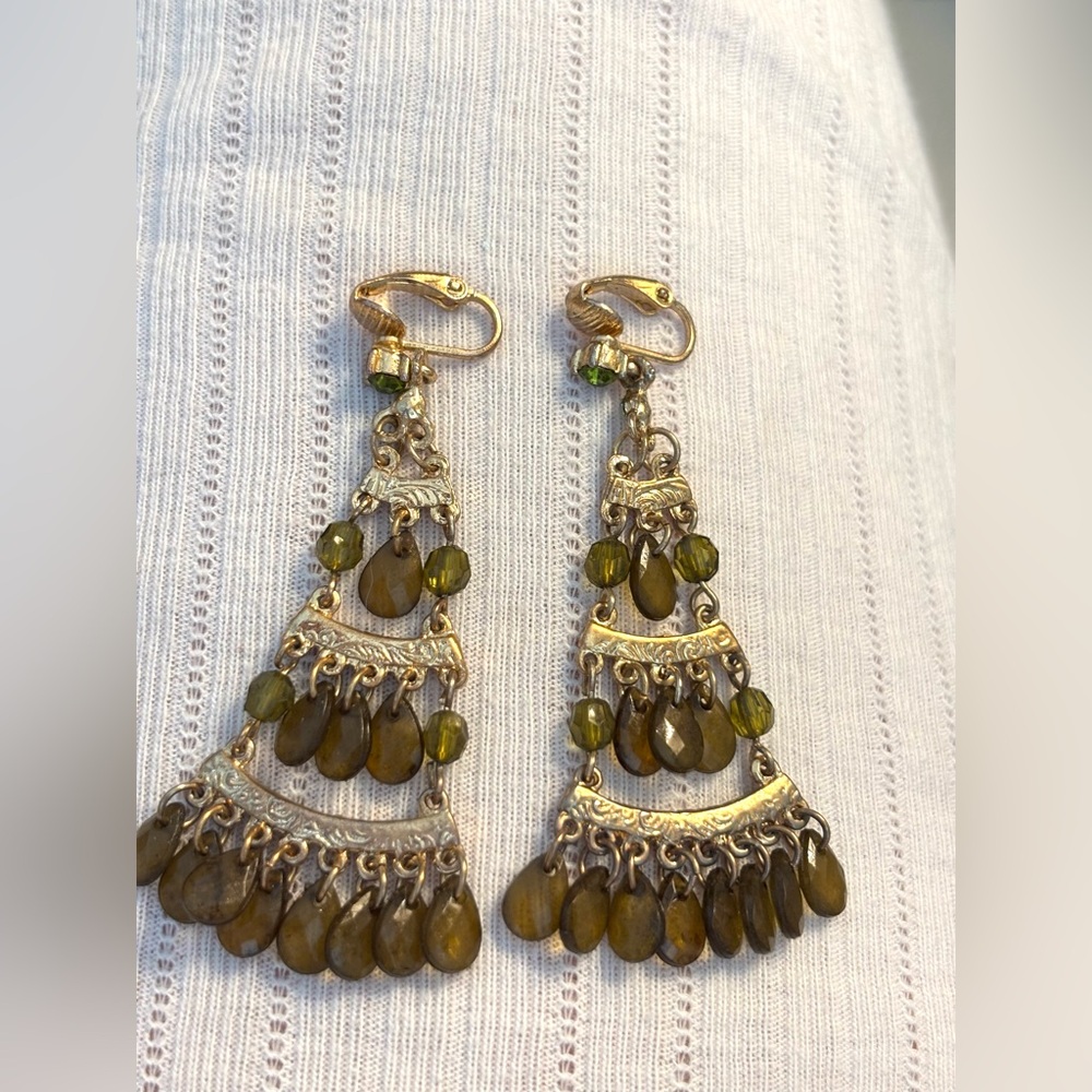 Elegant Gold and Green Chandelier Earrings, Clip on triangle earrings, Crystal